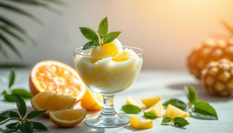 Sorbet minute à la mangue servi dans une coupe givrée avec zeste de citron vert et menthe, dessert frais et express sans sorbetière.