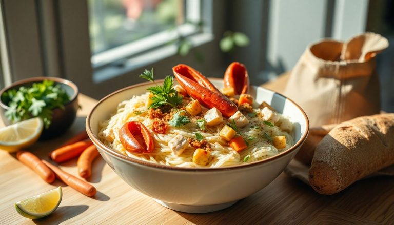 Salade vietnamienne de vermicelles de riz, crevettes roses et tofu grillé, légumes croquants en julienne, herbes fraîches et cacahuètes dans un bol coloré, dressage moderne et ambiance lumineuse inspirée des tendances Instagram