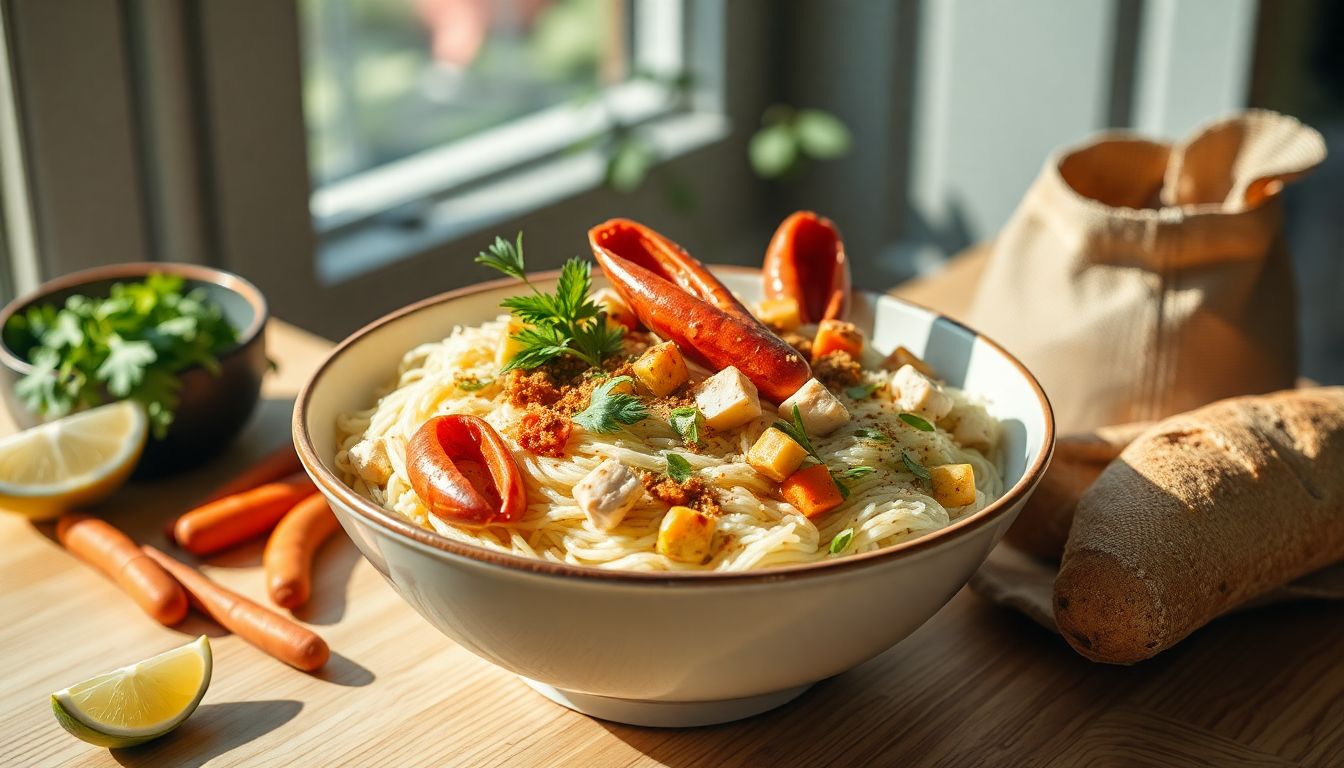 Salade vietnamienne de vermicelles de riz, crevettes roses et tofu grillé, légumes croquants en julienne, herbes fraîches et cacahuètes dans un bol coloré, dressage moderne et ambiance lumineuse inspirée des tendances Instagram