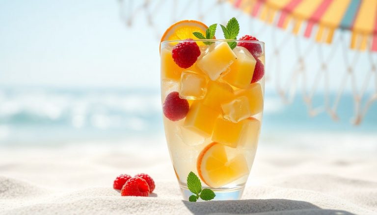 Boisson glacée fruitée estivale dans un grand verre transparent, cubes de mangue, ananas, framboises, citron vert, glaçons et menthe, eau pétillante, paille colorée, posée sur le sable avec serviette rayée en fond et mer en arrière-plan sous le soleil