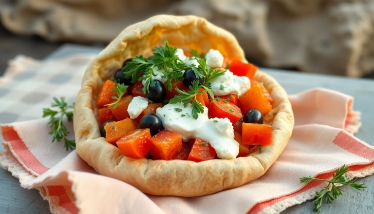 Pain pita doré ouvert et garni de feta, tomates, concombre, carottes râpées, roquette, olives et sauce blanche, posé sur une serviette colorée d’été, décor bord de mer avec sable et reflets bleus, ambiance estivale et fraîcheur, prêt à être dégusté