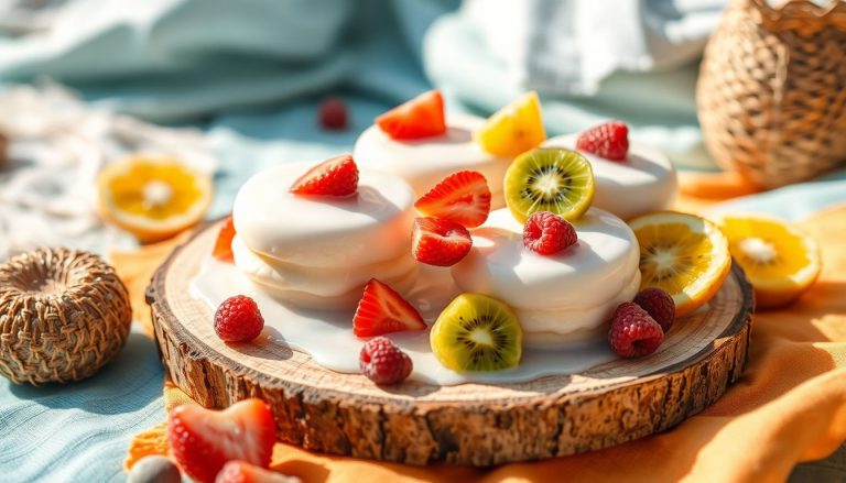 Sucettes glacées maison marbrées au yaourt blanc, incrustées de morceaux de fraises, mangue, kiwi et myrtilles, présentées sur un lit de glaçons avec bâtonnets en bois, serviette colorée d’été et décor plage en arrière-plan, ambiance fraîche et estivale, effet healthy et gourmand