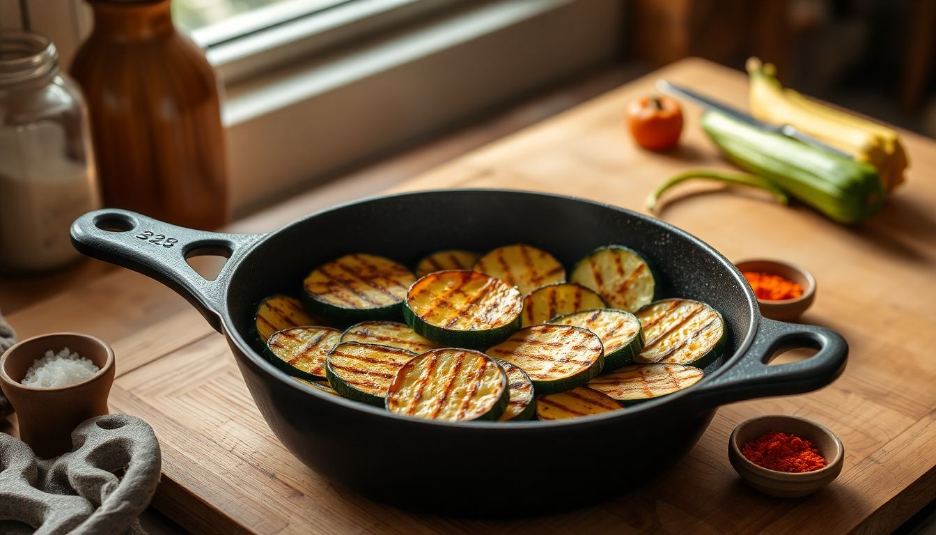 Tranches de courgettes grillées à sec dans une poêle noire, sans huile, cuisson dorée et savoureuse