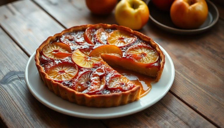 Tarte aux pommes rustique avec compote tiède visible sous les pommes, servie sur une table en bois avec lumière naturelle chaude, dessert traditionnel automnal