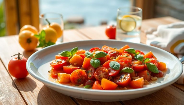 Assiette de tomates marinées aux herbes, tranchées et brillantes de marinade, sur une table estivale avec lumière douce