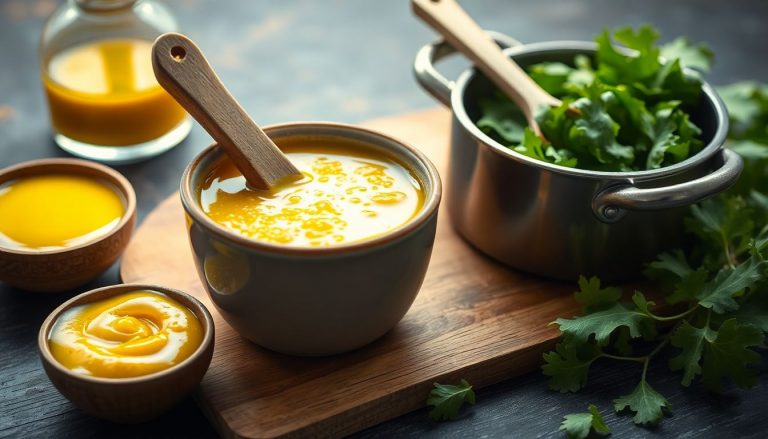 Bol de vinaigrette maison onctueuse à la moutarde, accompagné d’ingrédients frais sur une table en bois