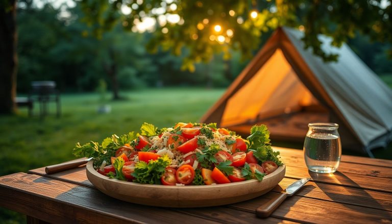 Saladier de taboulé maison posé sur une table de camping, avec herbes et légumes frais, en plein air sous les arbres