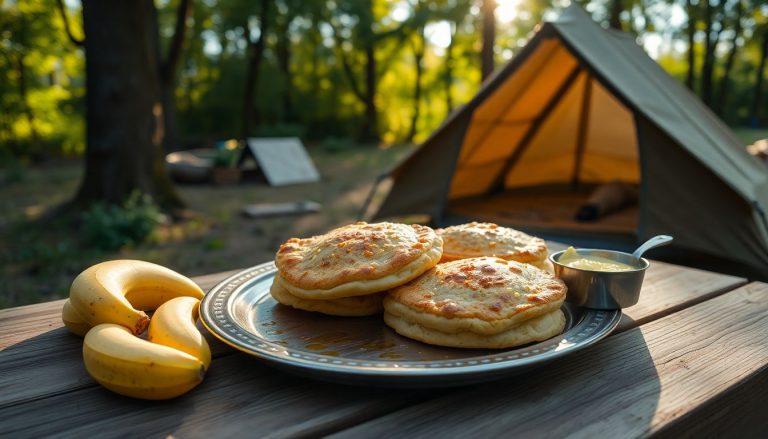 Galettes à l’avoine maison sur une table de camping, servies avec banane et beurre de cacahuète, petit-déjeuner en plein air