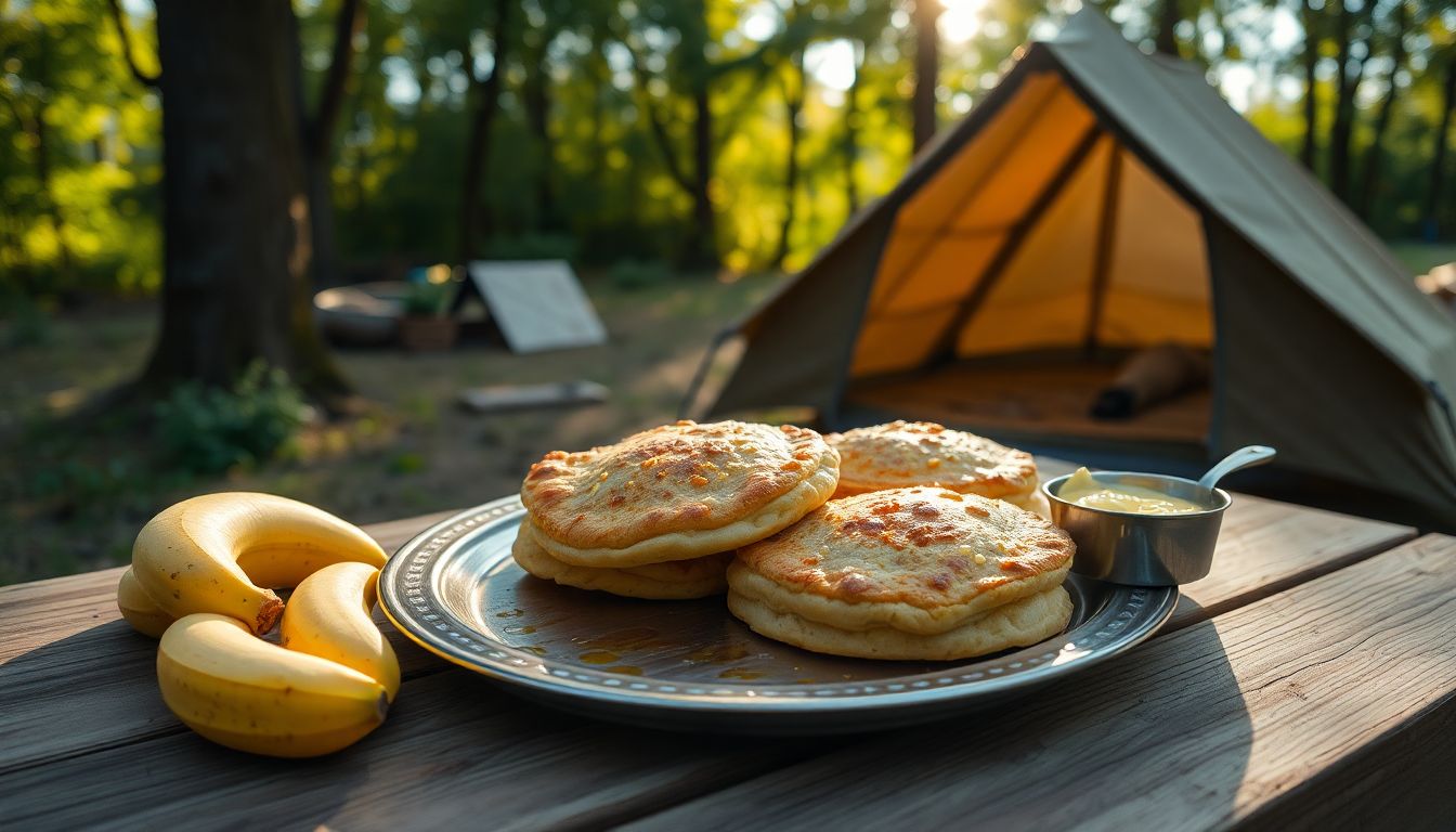 Galettes à l’avoine maison sur une table de camping, servies avec banane et beurre de cacahuète, petit-déjeuner en plein air