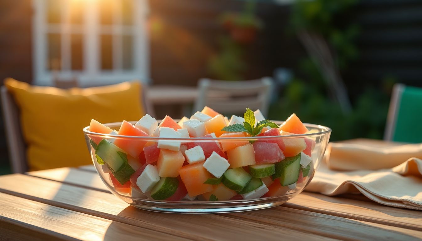 Salade fraîche de melon, feta, menthe et concombre servie dans un grand saladier en été, sous la lumière dorée du soleil