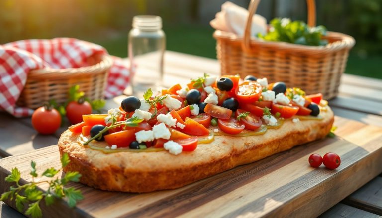 Cake salé tranché aux olives, tomates séchées et chèvre, posé sur une planche en bois pour un pique-nique au soleil