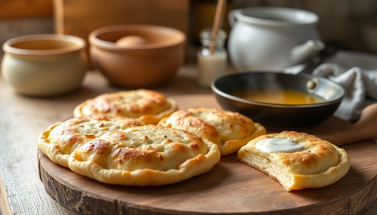 Galettes de pâte maison cuites à la poêle, empilées sur planche en bois, recette sans œufs ni levure, idée repas rapide