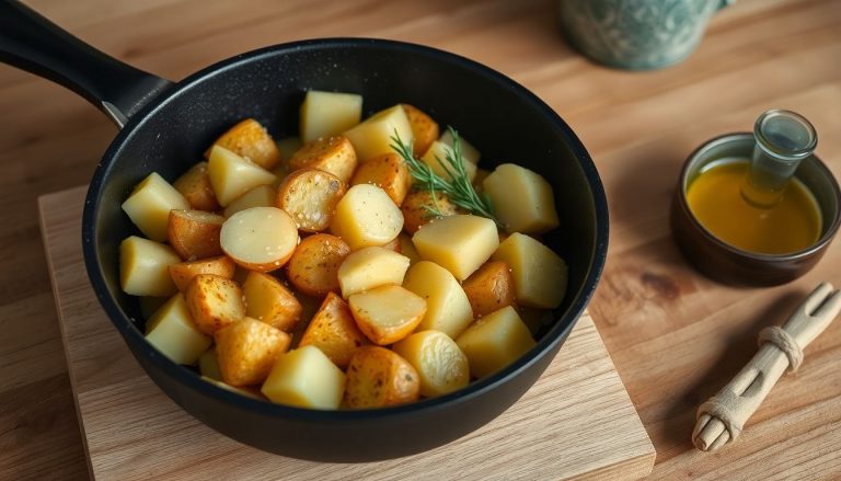 Pommes de terre croustillantes à la poêle, bien dorées, sans four, avec sel et romarin sur planche en bois