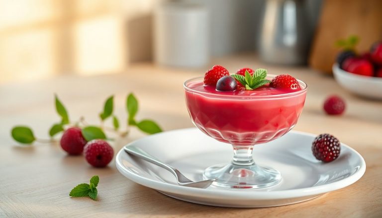 Dessert glacé aux fruits rouges servi dans une verrine, texture crémeuse, menthe fraîche, idée rapide sans cuisson