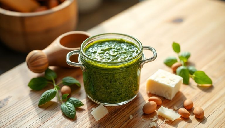 Pesto maison au persil dans un pot en verre, cuillère en bois, éclats d’amande et feuilles de persil, sauce rapide sans basilic