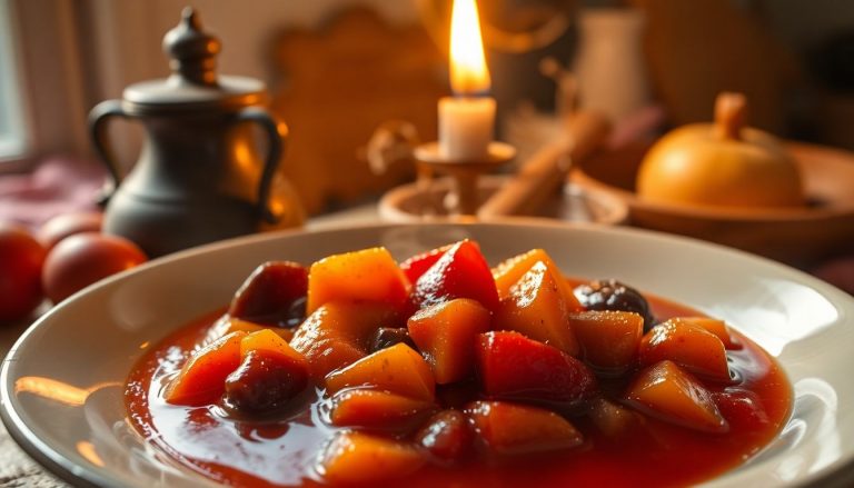Compote de fruits d’été rôtis au four dans un plat rustique, morceaux fondants, parfumée aux épices, recette anti-gaspi