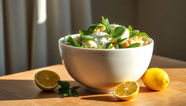 Salade fraîche de concombre au yaourt, citron et menthe, servie dans un grand bol blanc, recette estivale légère
