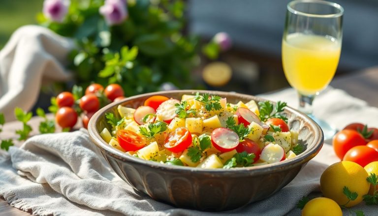 Taboulé maison sans semoule, aux légumes crus et herbes fraîches, servi en extérieur pour un repas d’été
