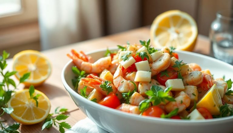 Salade estivale de crevettes aux légumes croquants, avocat et citron, servie fraîche en terrasse