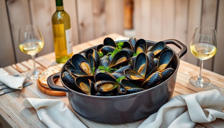 Moules fraîches au vin blanc et persil, servies en cocotte avec pain et verre de vin blanc, ambiance dîner d’été
