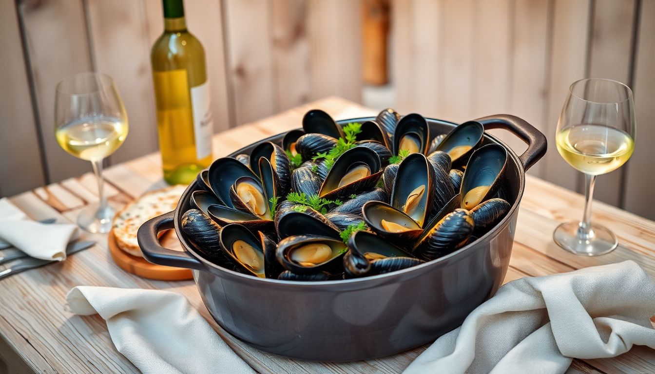 Moules fraîches au vin blanc et persil, servies en cocotte avec pain et verre de vin blanc, ambiance dîner d’été