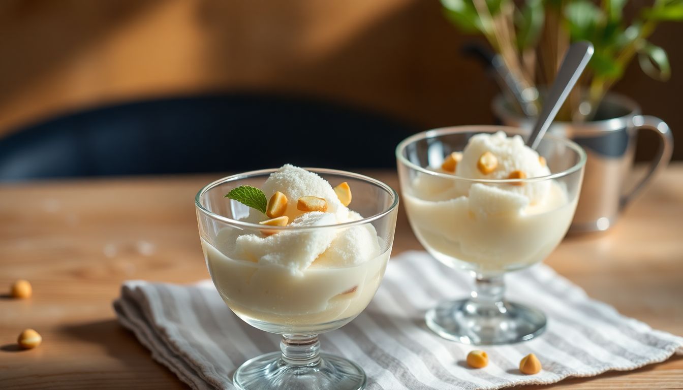 Glace maison à la pêche sans sorbetière, servie fraîche avec garniture de menthe et éclats de pistaches