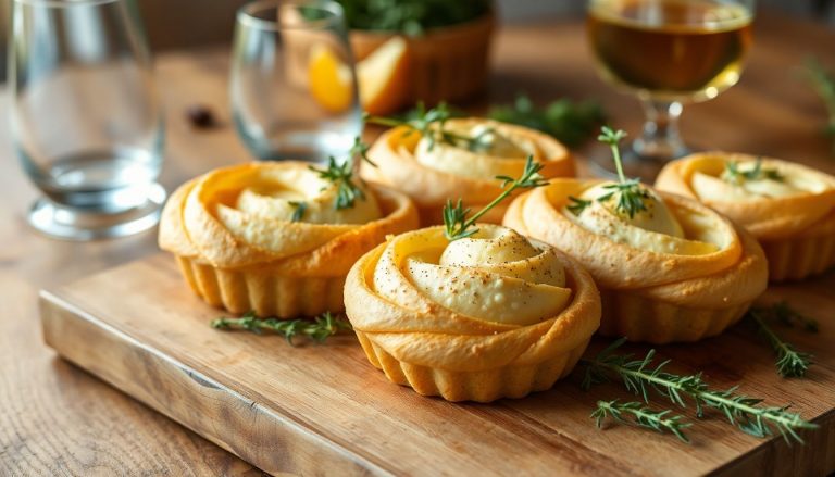 Bouchées feuilletées au fromage frais et herbes, servies tièdes sur une planche pour l’apéritif