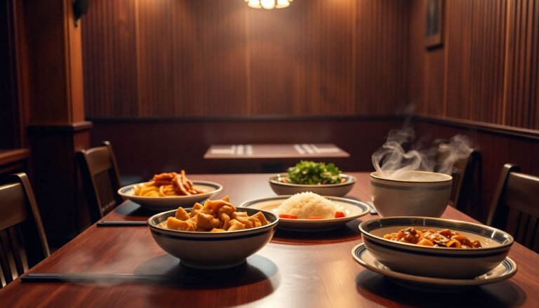 Plats chinois traditionnels servis dans un restaurant de quartier à Marcq-en-Barœul : nems, nouilles, bœuf sauté