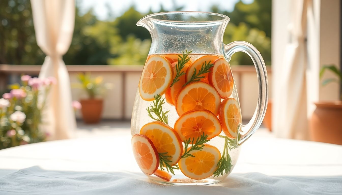 Carafe d’eau infusée maison avec pêche, citron et romarin, boisson fraîche sans sucre servie sur une terrasse d’été