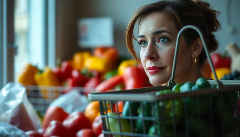 Une balance avec des légumes d'un côté et des pièces de monnaie de l'autre, montrant un déséquilibre.
