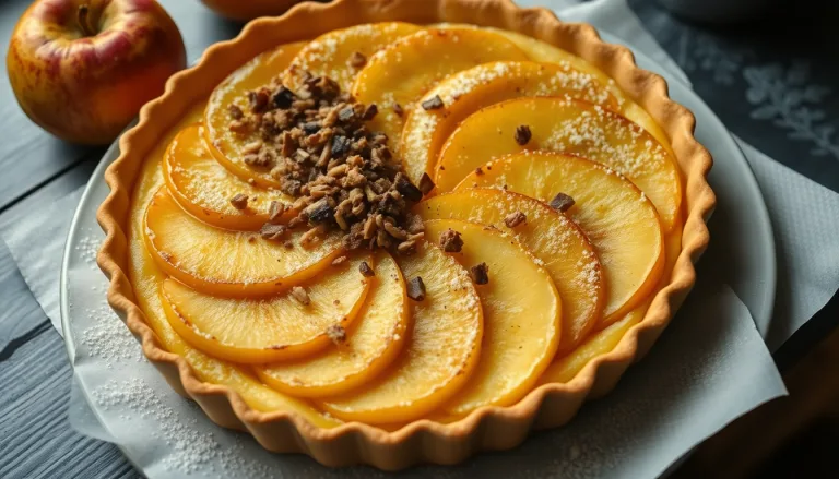 Une tarte aux pommes dorée et appétissante avec quelques erreurs visibles sur le côté