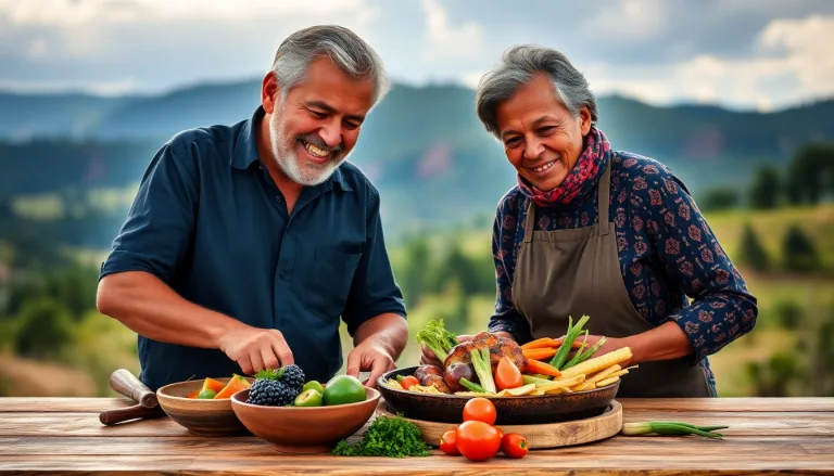 Couple souriant tenant un plat avec des ingrédients exotiques, devant un paysage tanzanien.