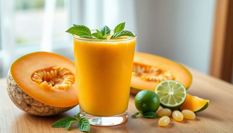 Smoothie melon citron vert et basilic dans un grand verre, boisson fraîche estivale, servie avec glaçons et paille