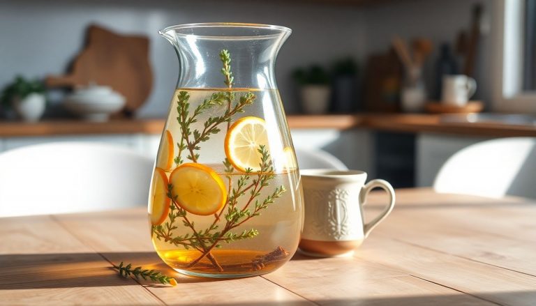 Infusion maison au thym et citron dans une carafe en verre, boisson bien-être tiède ou ambiante, plante aromatique et agrume