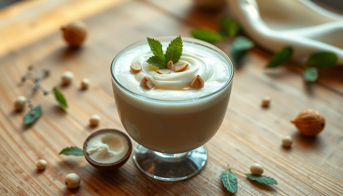 Glace mangue coco maison servie dans une coupe, sans sorbetière, décorée de menthe et copeaux de noix de coco
