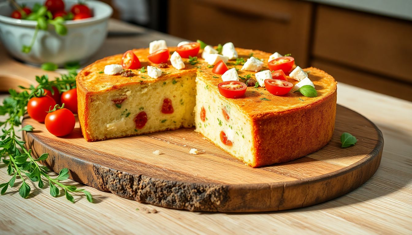 Cake salé maison à la feta et tomates séchées, tranché sur une planche, plat simple pour lunch ou apéritif