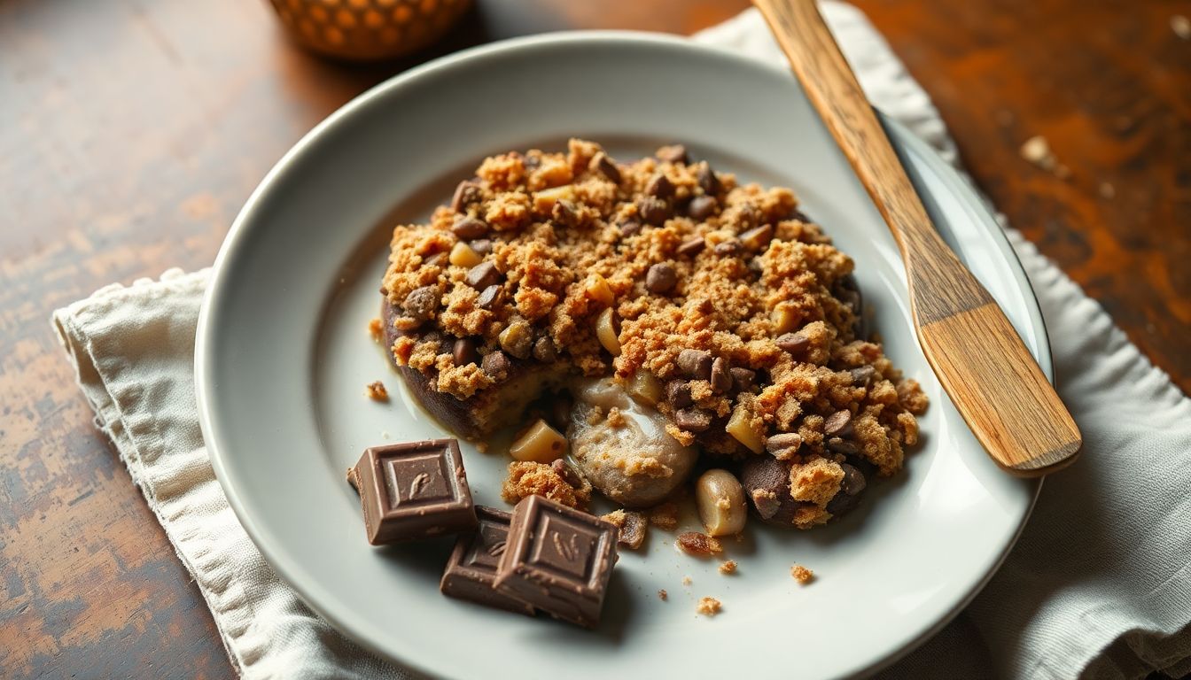 Crumble maison poire et chocolat dans un plat à four, dessert chaud et croustillant, facile et rapide à faire