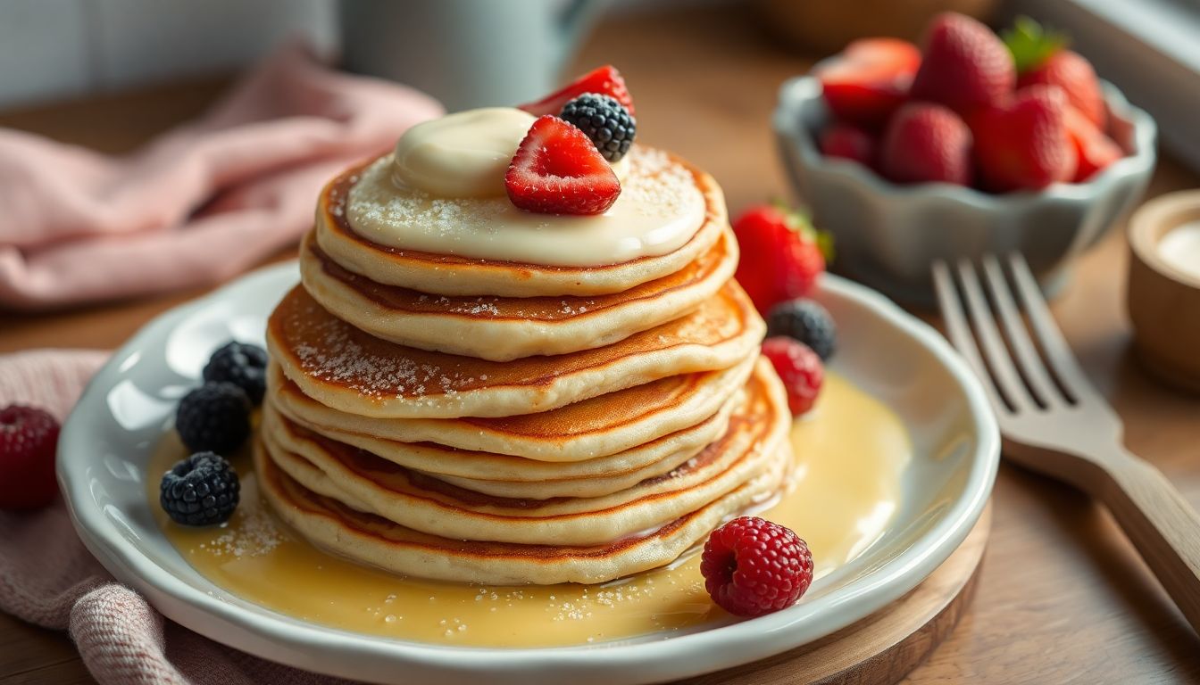 Pancakes moelleux maison sans levure, servis avec yaourt et fruits rouges, petit-déjeuner ou brunch