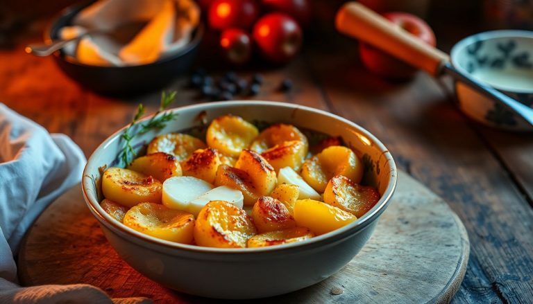 Gratin de pommes de terre sans crème, doré au four, fromage fondant et tranche servie dans une assiette
