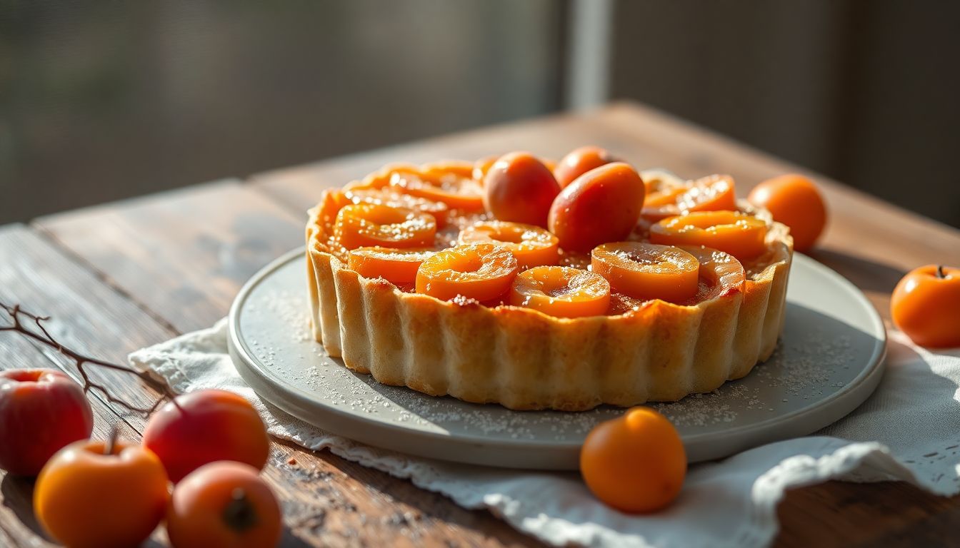 Tarte fine aux abricots maison sur pâte feuilletée, dorée et caramélisée, dessert simple de saison