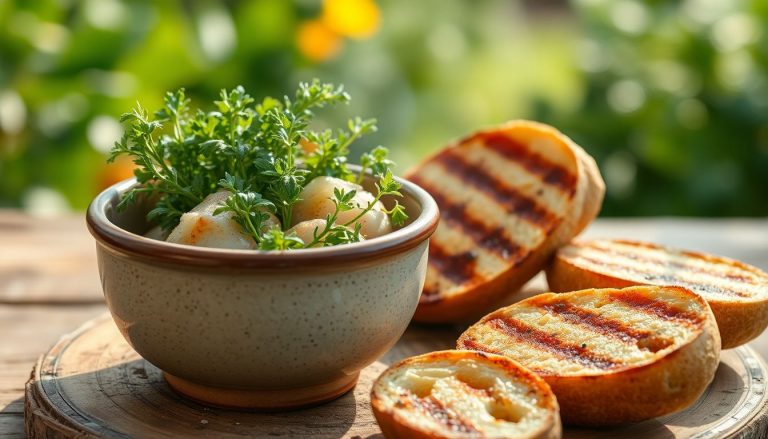 Cervelle de canut maison dans un bol avec herbes fraîches, servie avec pain grillé, spécialité lyonnaise