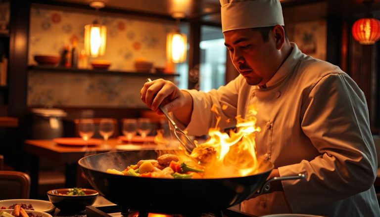 Chef asiatique préparant un plat au wok dans un restaurant chinois traditionnel