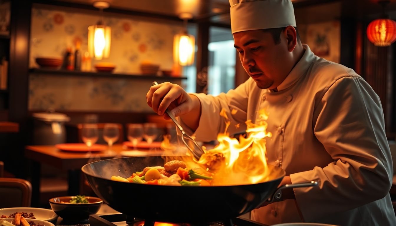 Chef asiatique préparant un plat au wok dans un restaurant chinois traditionnel