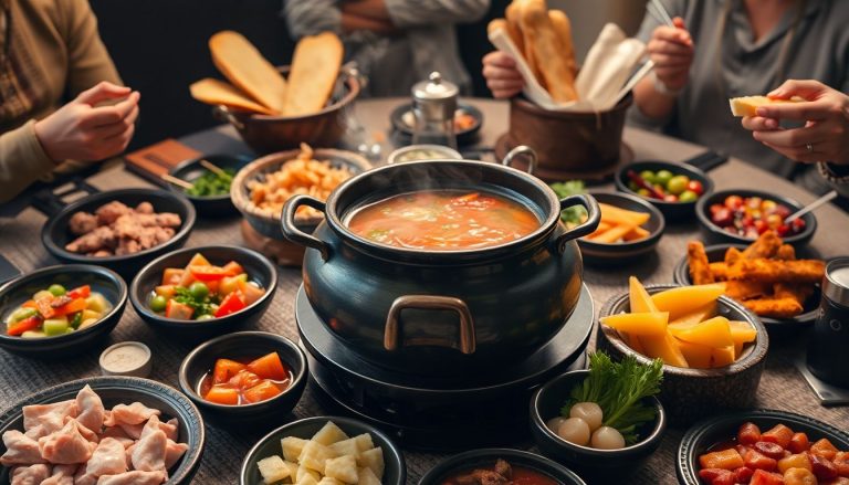 Table de fondue chinoise avec bouillon, viandes, légumes et sauces dans une ambiance conviviale