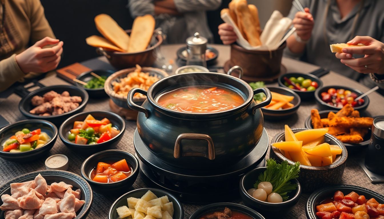 Table de fondue chinoise avec bouillon, viandes, légumes et sauces dans une ambiance conviviale