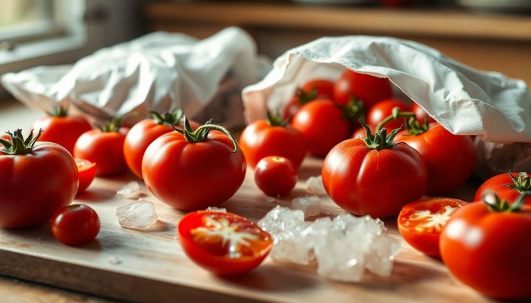 Tomates cerises fraîches et les tomates cerises congelées sur un plan de travail avec sac de congélation