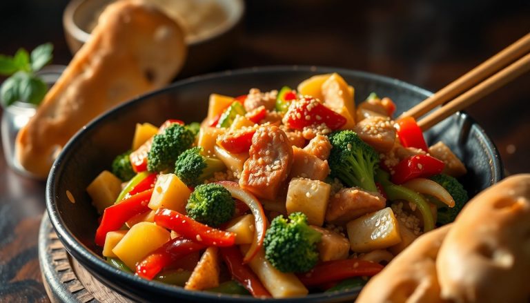 Nouilles chinoises sautées au wok avec légumes et viande, servies dans une assiette asiatique