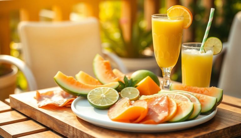 Tranches de melon avec citron vert, jambon cru et smoothie au melon sur un plateau estival
