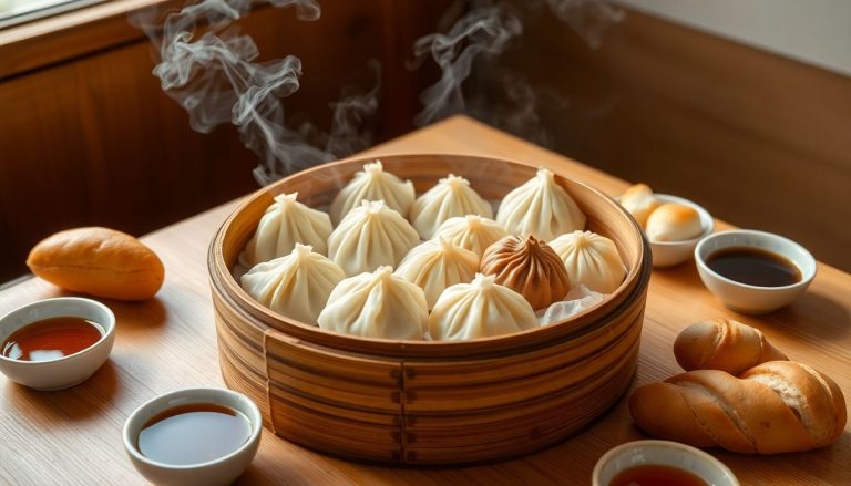Photographie hyperréaliste en vue plongeante d’un panier vapeur chinois traditionnel en bambou, rempli d’un assortiment de dim sum : raviolis aux crevettes translucide