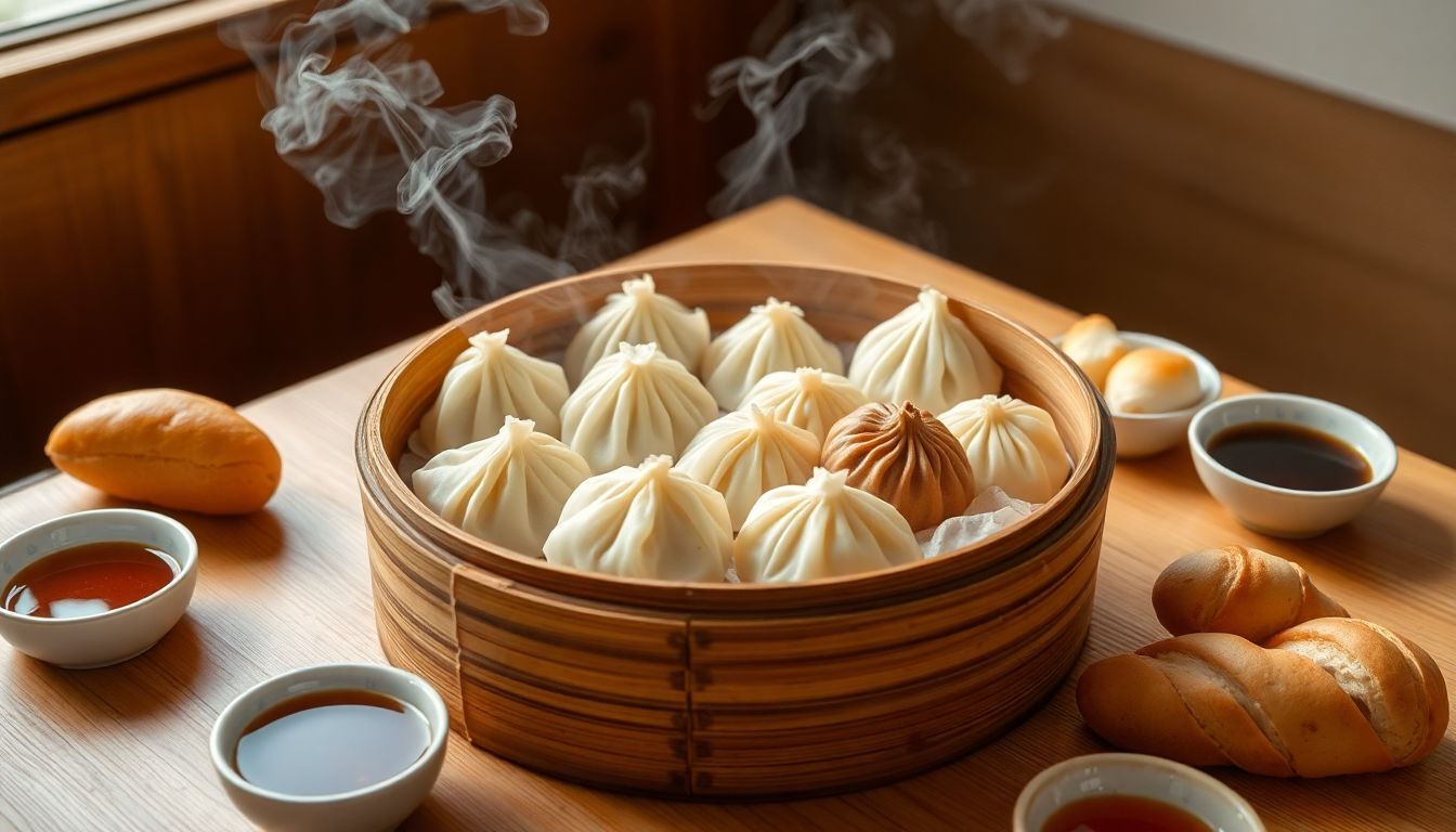 Photographie hyperréaliste en vue plongeante d’un panier vapeur chinois traditionnel en bambou, rempli d’un assortiment de dim sum : raviolis aux crevettes translucide